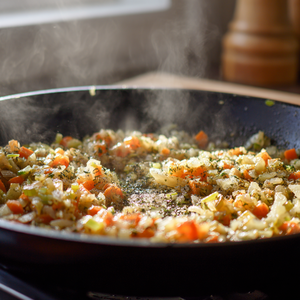 A close-up of flour and dry seasonings stirred into the cooked vegetables in the black cast iron skillet, forming a thick roux paste.