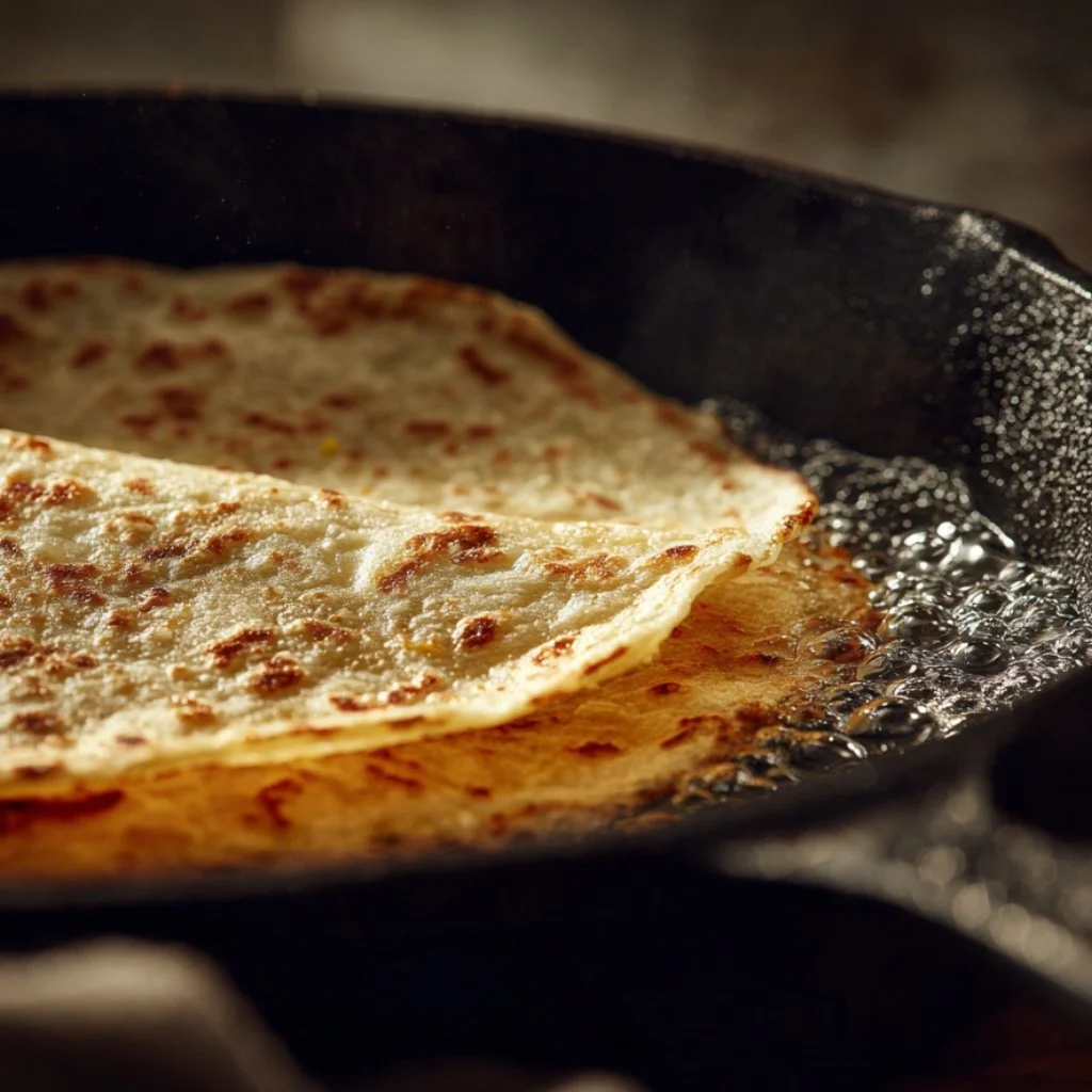 Corn tortillas lightly frying in the skillet.