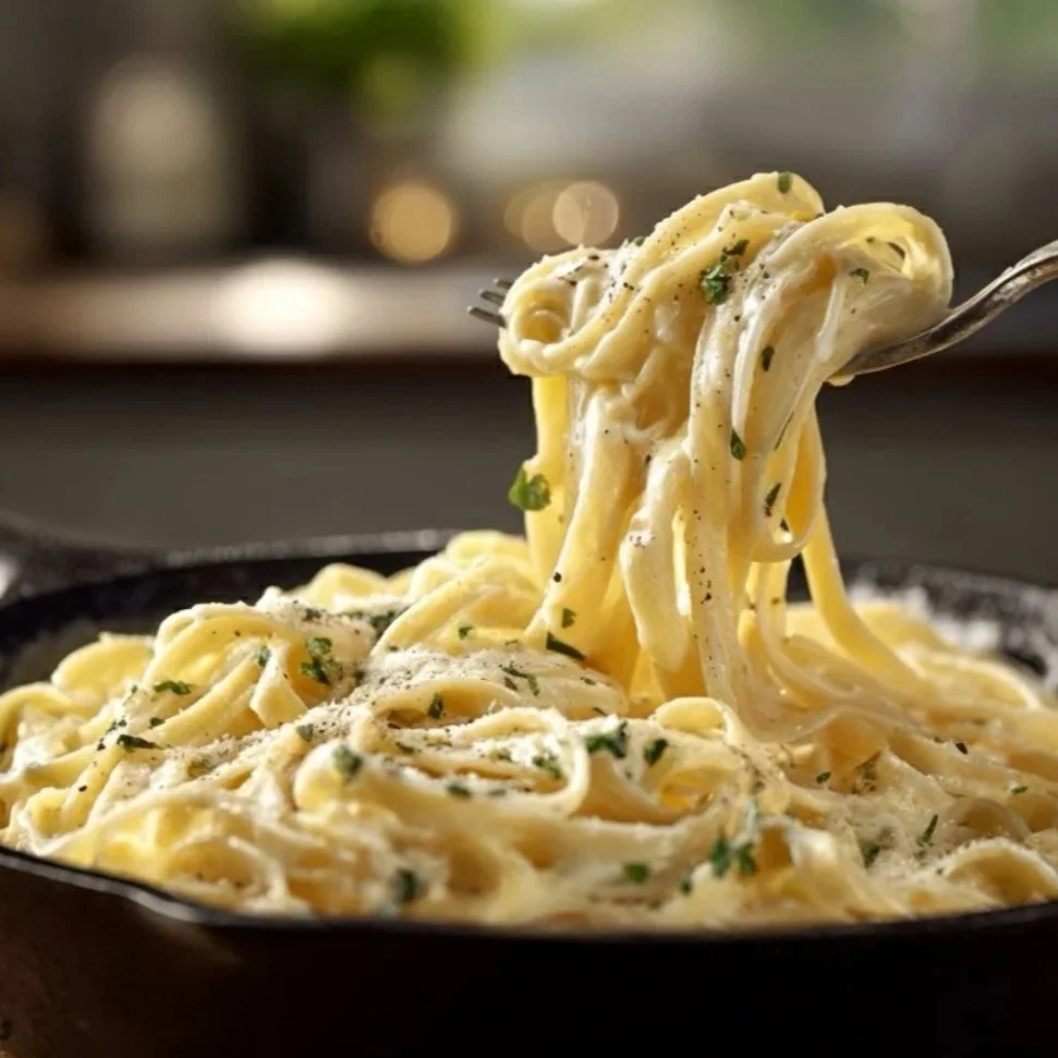 fettuccine pasta being tossed vigorously in the skillet, coated in thick, glossy alfredo sauce
