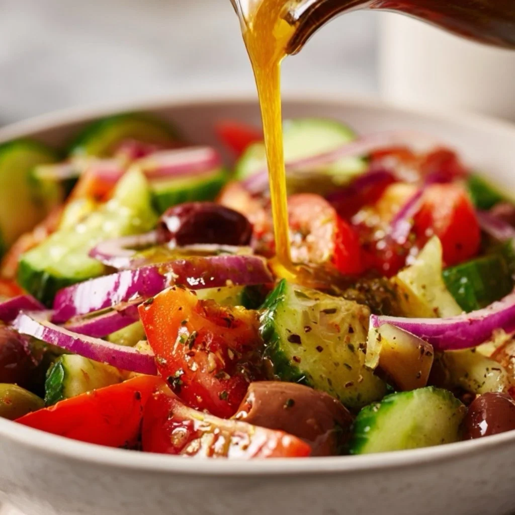 Vinaigrette dressing being poured over the cut tomatoes, cucumbers, and onions in the white bowl.