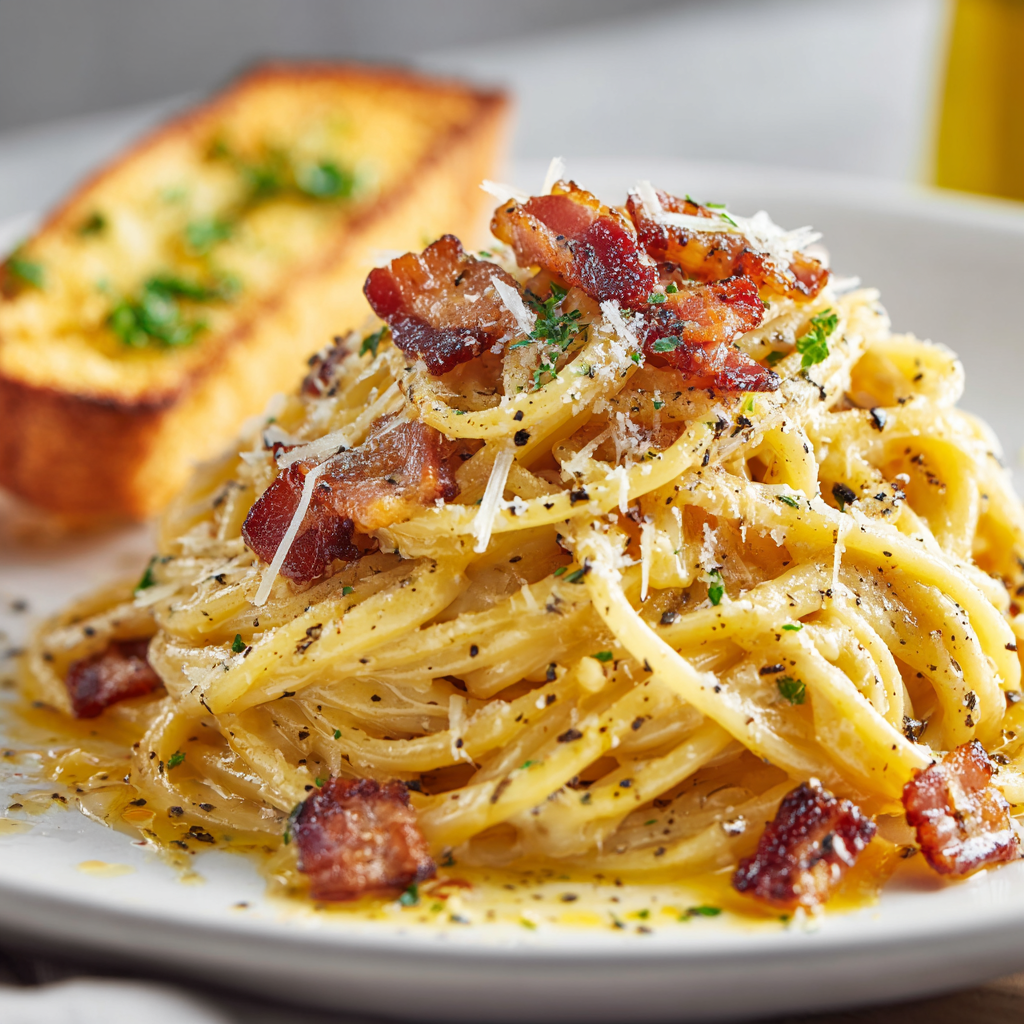 finished plate of glossy, creamy spaghetti carbonara topped with grated cheese and a light drizzle of Eleven Eleven Blazing Citrus Medium sauce