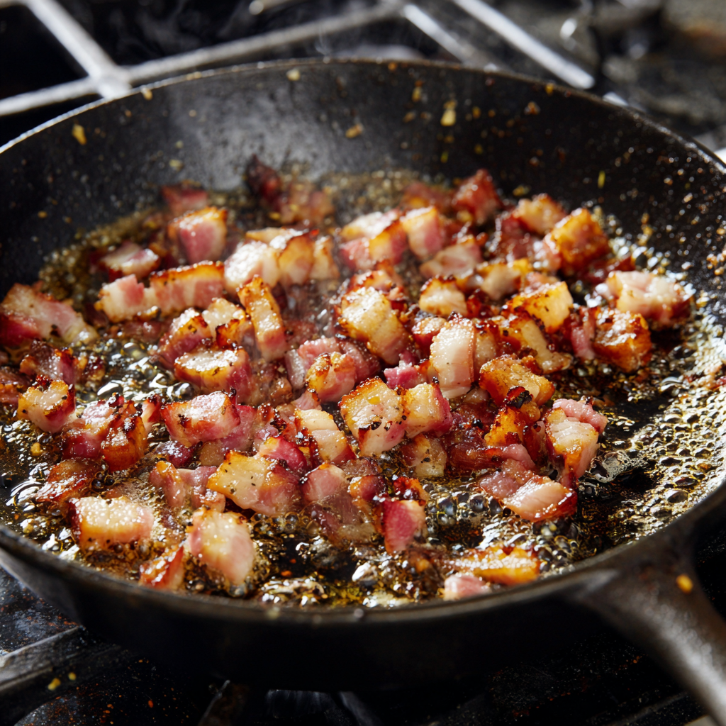 diced guanciale rendering fat and becoming crispy in a cast iron skillet