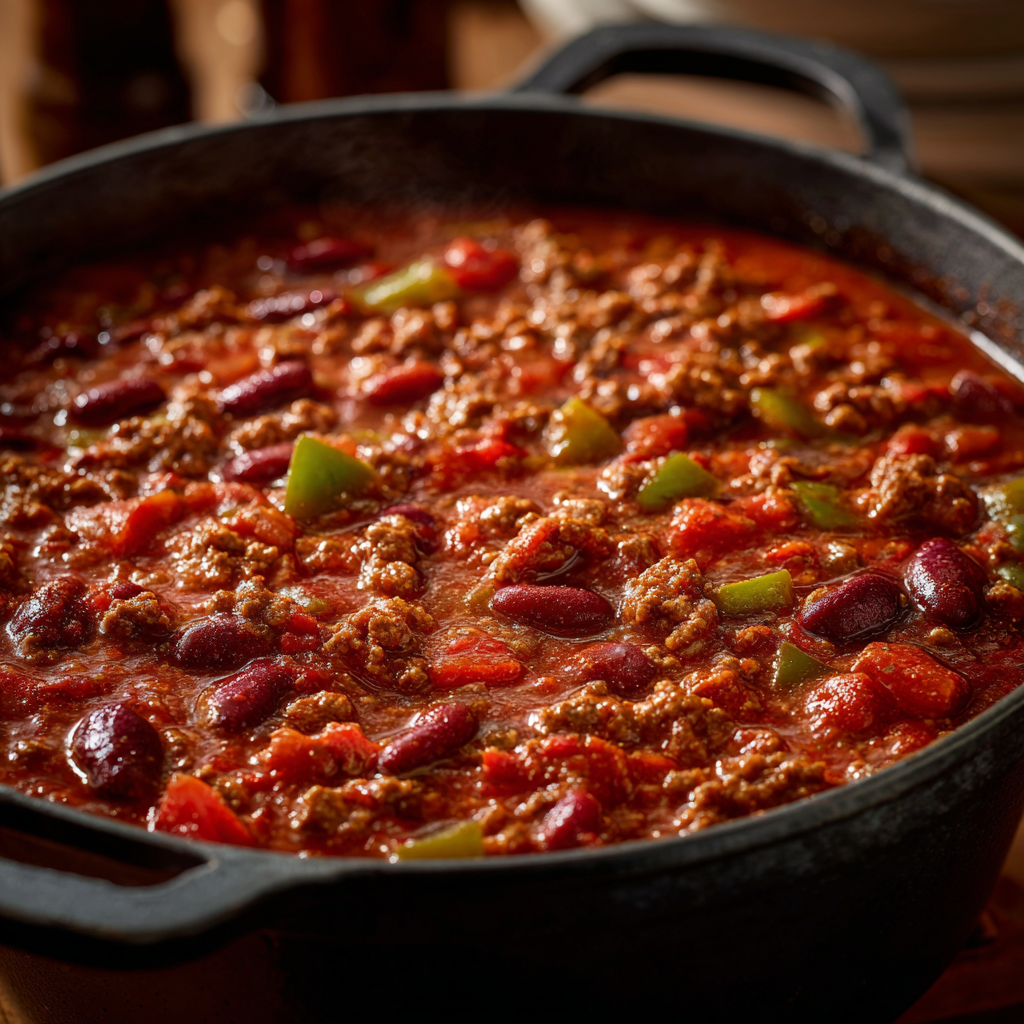 chili con carne in a pot simmering