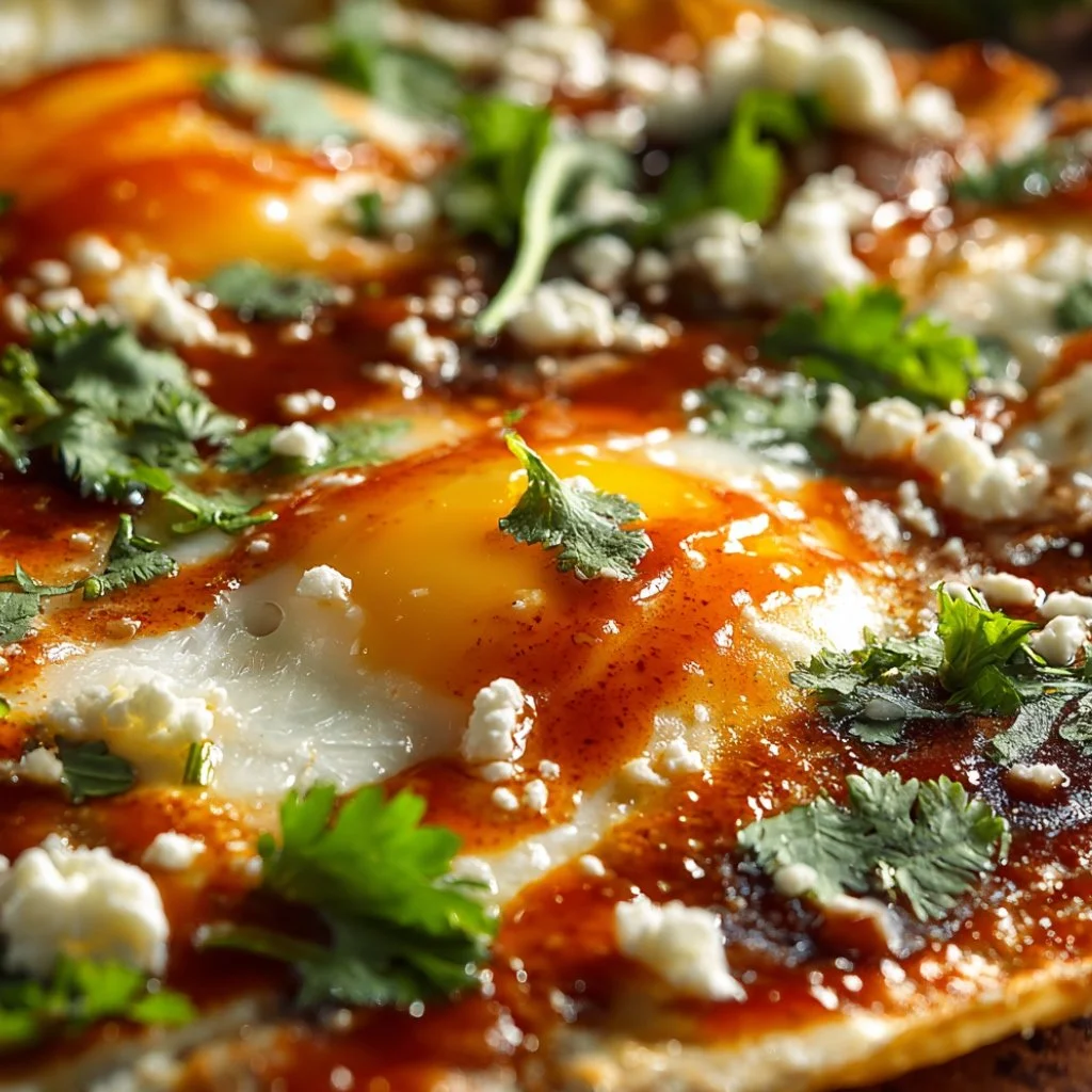 The final plated Huevos Rancheros, fully garnished with cotija cheese, cilantro, and a visible drizzle of Bold Blazing Citrus Hot sauce.