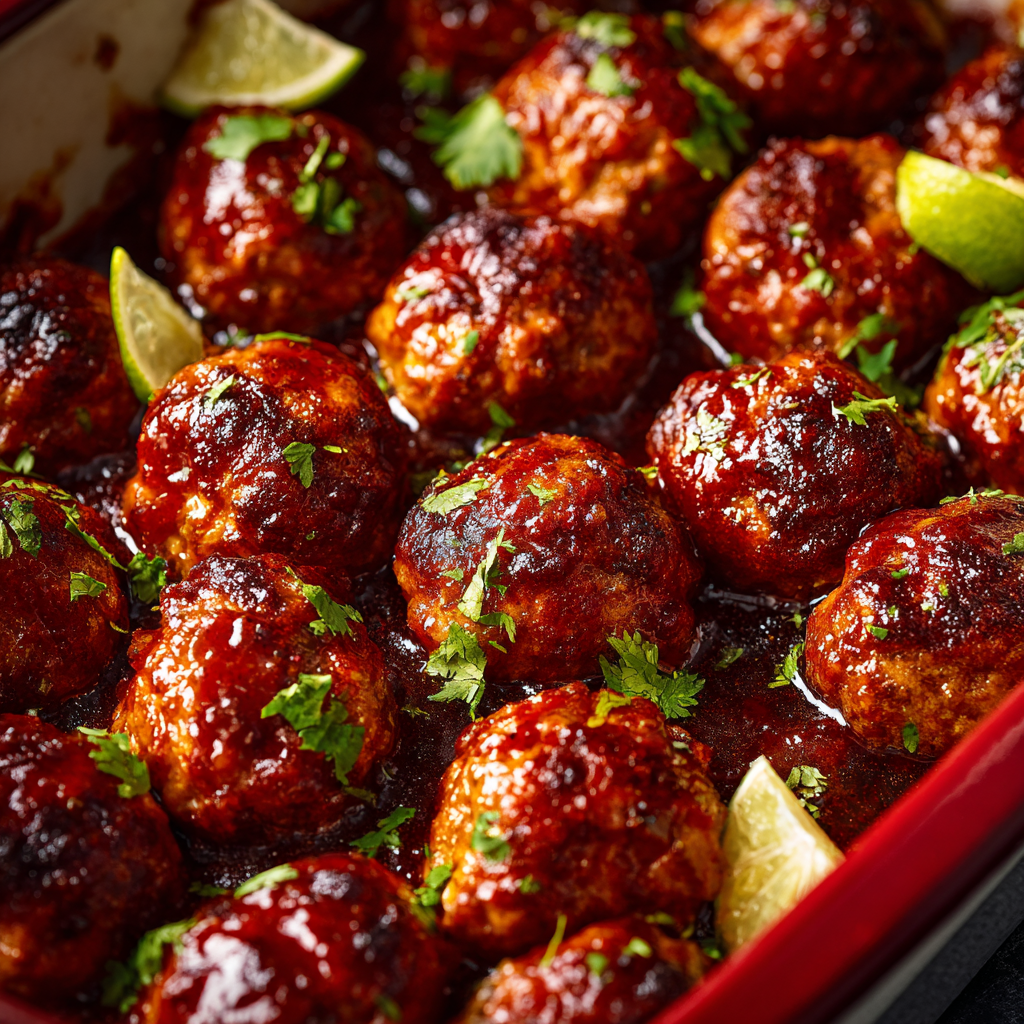 bbq meatballs in serving dish and garnish