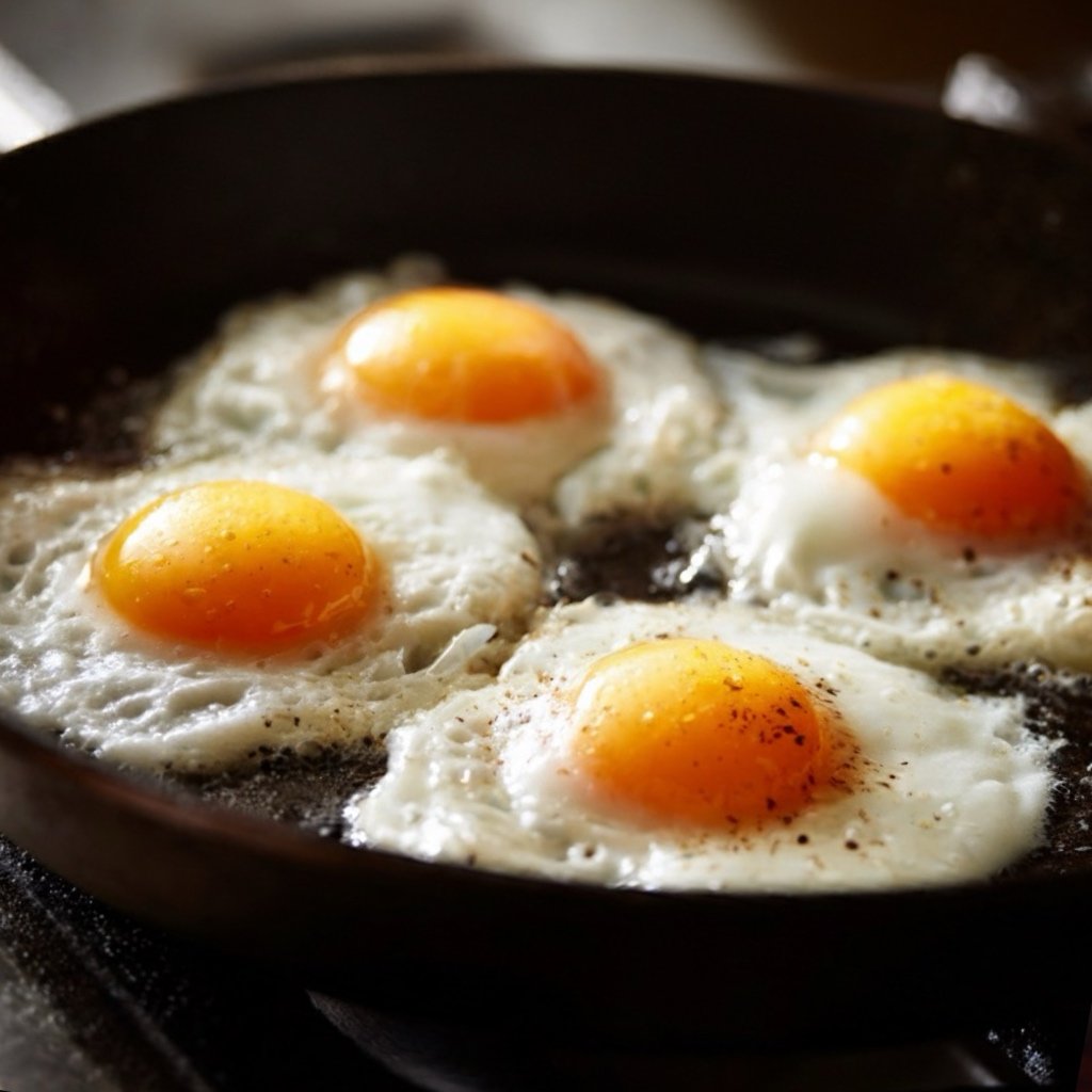 Eggs frying sunny-side up in a skillet.