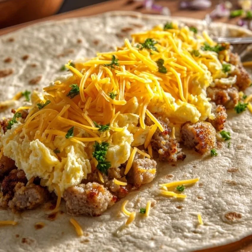 Assembly shot of the breakfast burrito, showing the filling and cheese centered on the tortilla before folding.