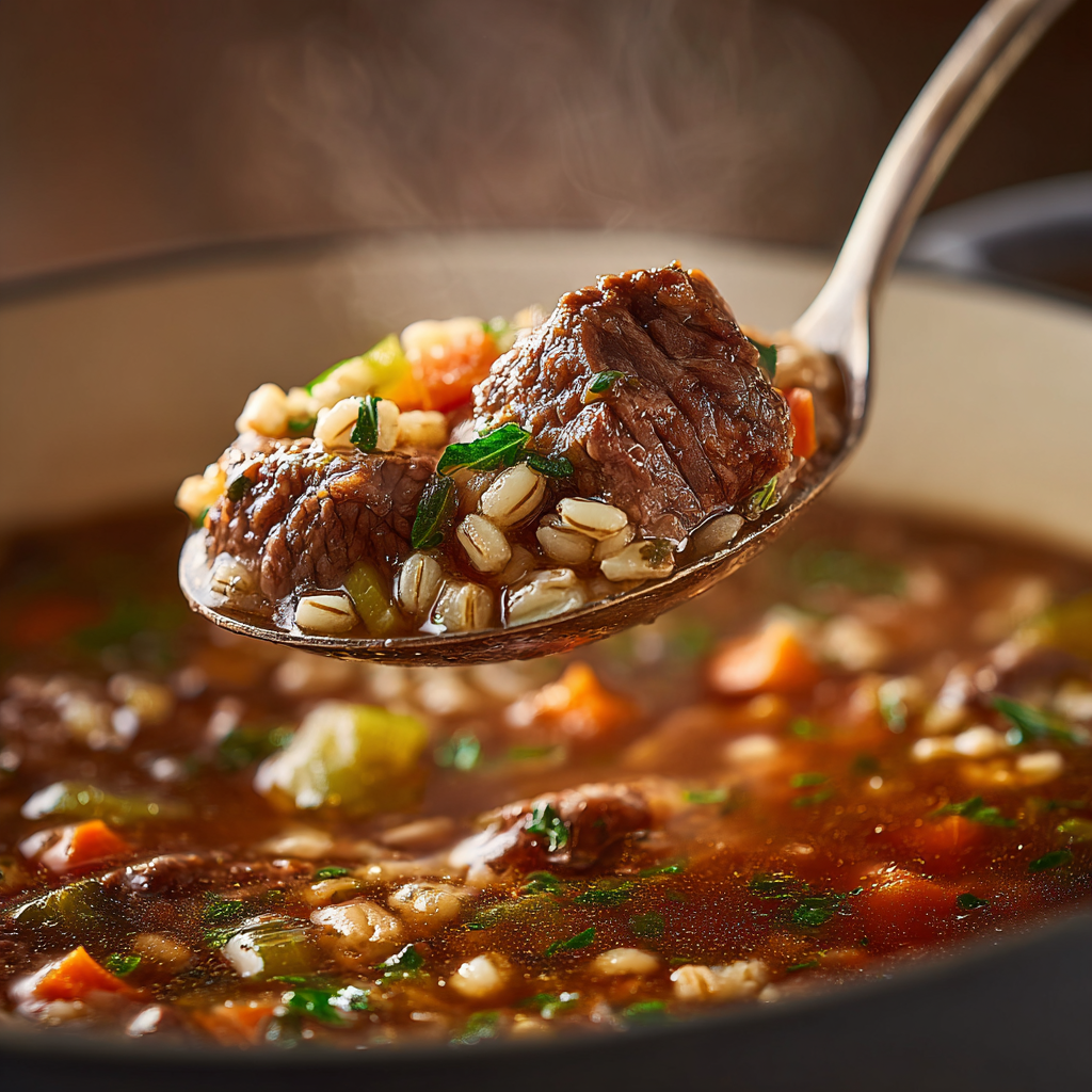beef and barley soup in a spoon full