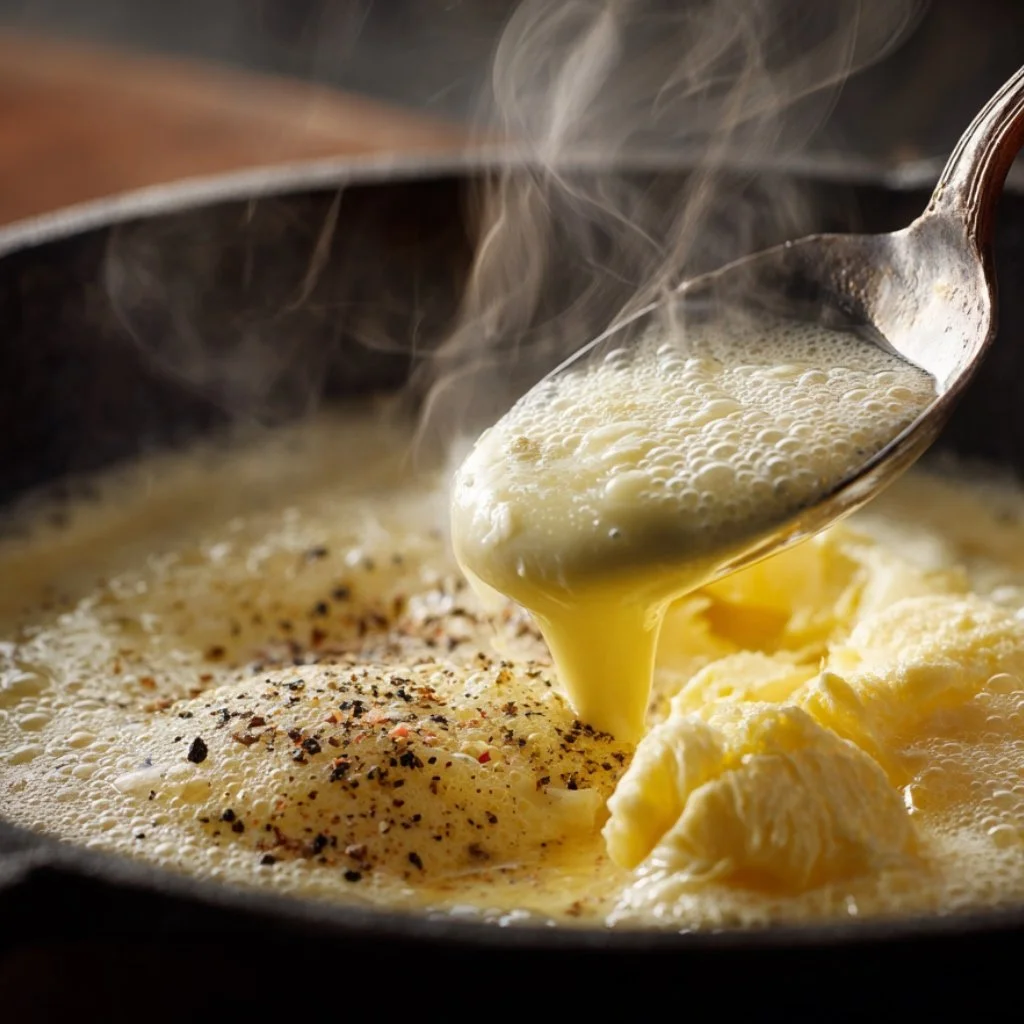 butter melting and mixing with heavy cream and pepper in a large skillet