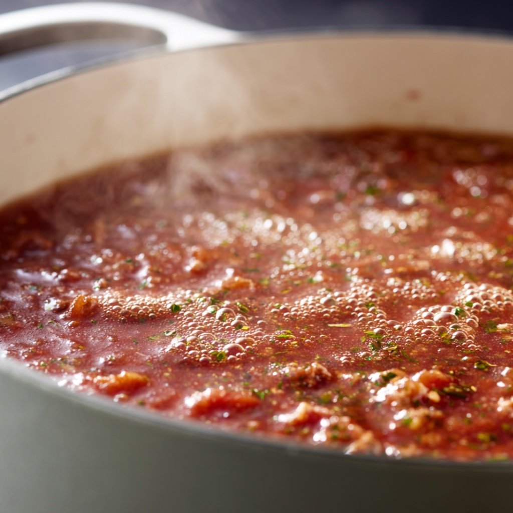 deep red tomato meat sauce simmering in a large pot, with the optional sauce mixed in