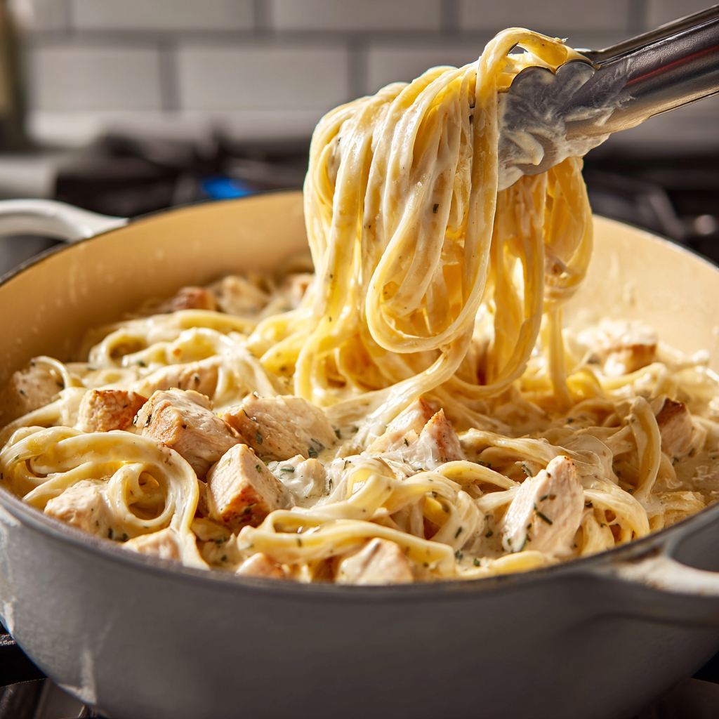 Chicken and pasta tossed in Alfredo sauce