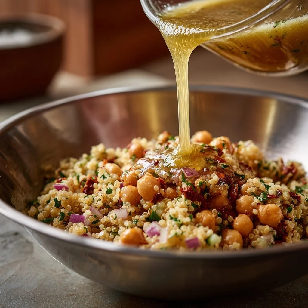 Dressing being poured into the quinoa mixing bowl with vegetables