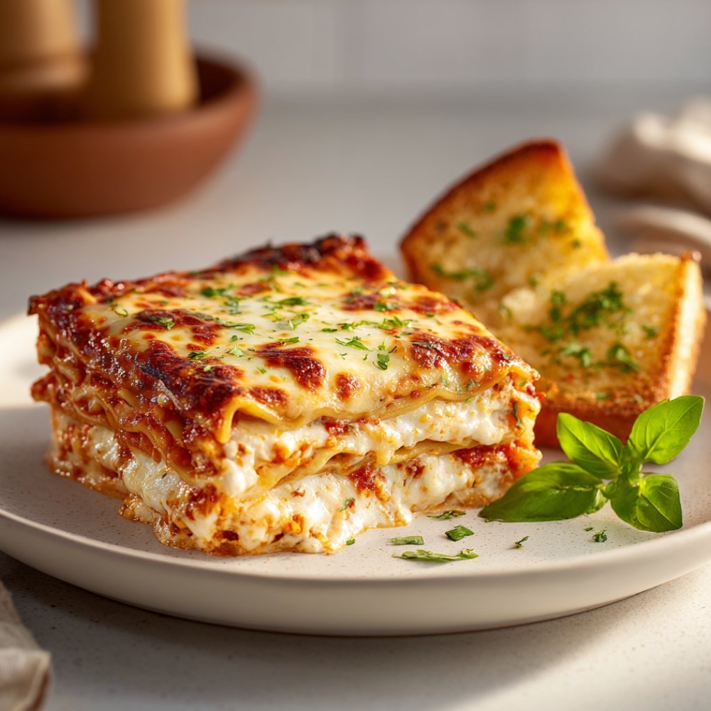 : perfect slice of baked lasagna being lifted out of the pan, showing distinct layers of pasta, filling, and sauce