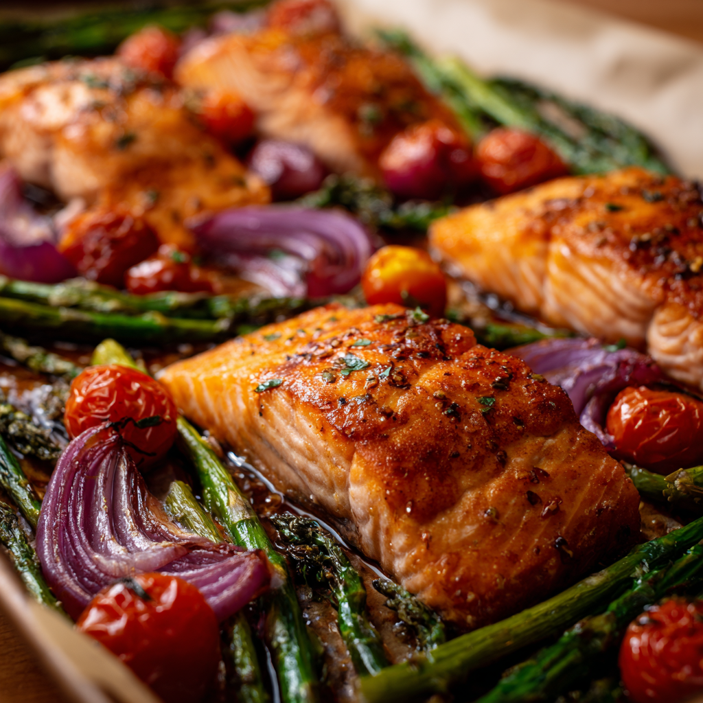 Sheet pan inside the oven showing the salmon and vegetables roasting