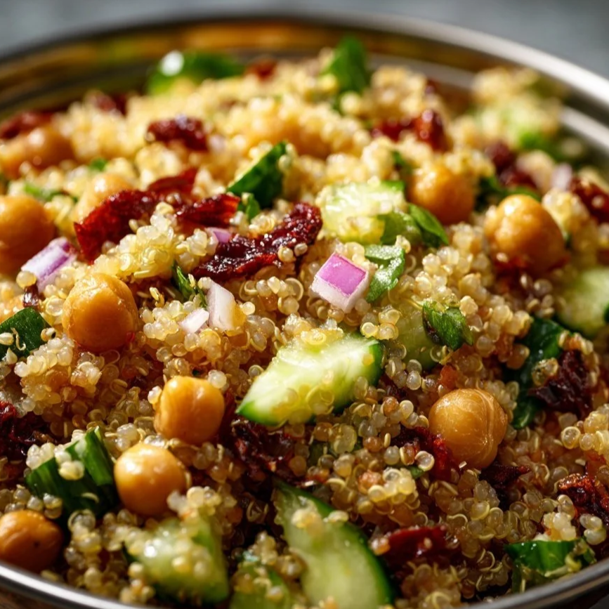 Quinoa, chickpeas, red onions, and sun-dried tomatoes, and a mixing bowl