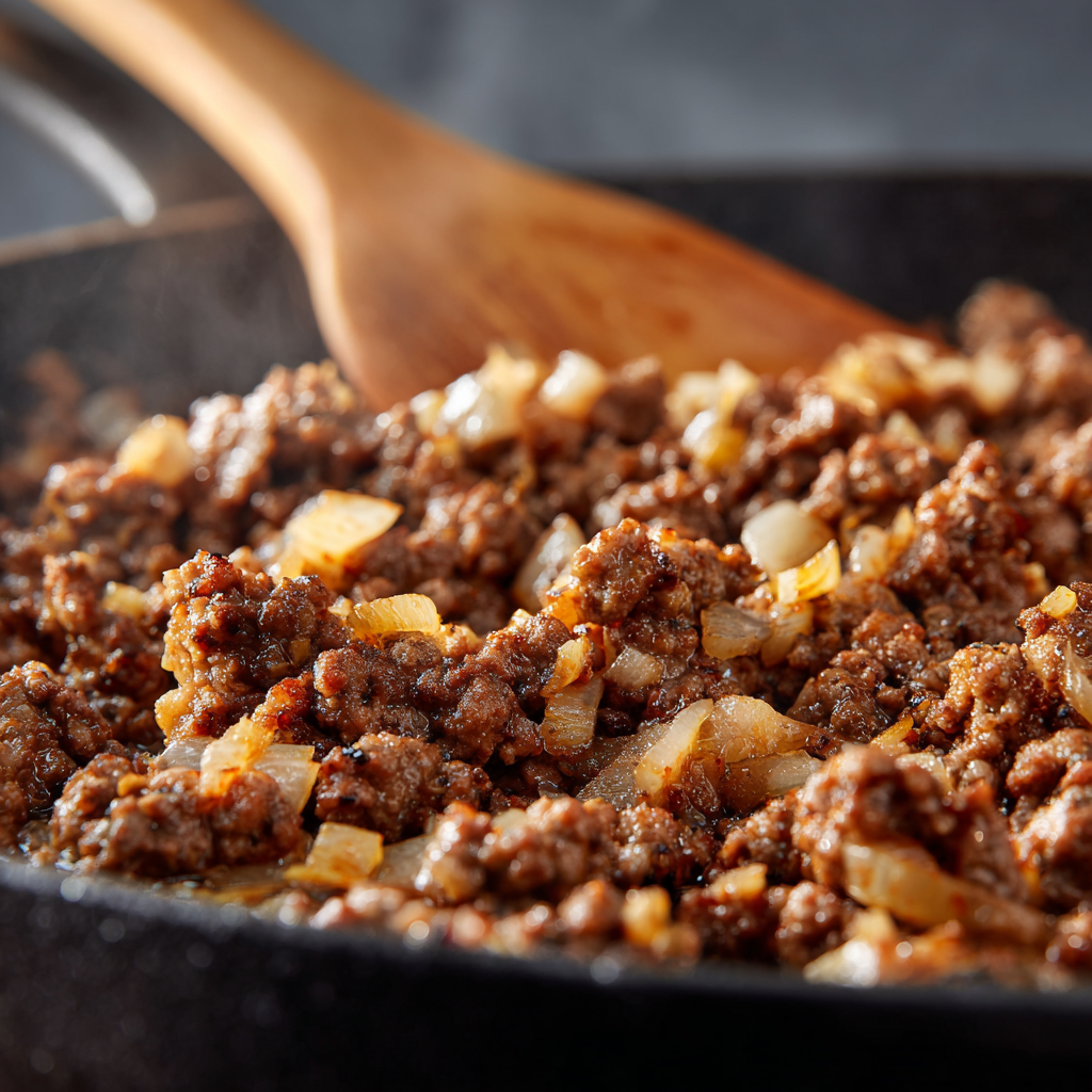browned ground beef with caramelized onions