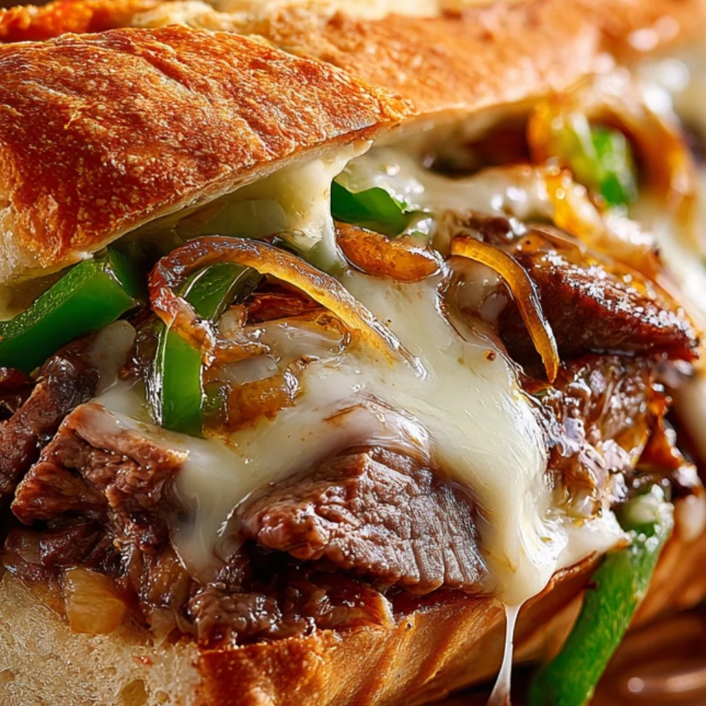 The final, authentic Philly Cheesesteak sandwich on a hoagie roll, showing the melted cheese, with the Blazing Citrus Hot sauce nearby.