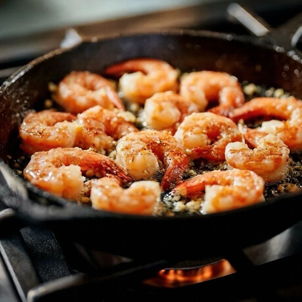 sautéing shrimp on skillet with garlic