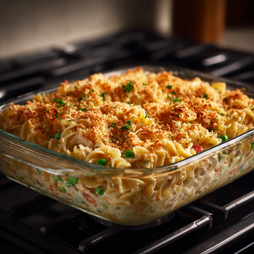 Spooning the mixture into a casserole dish Step 5 → Topping the casserole with Panko breadcrumbs Step