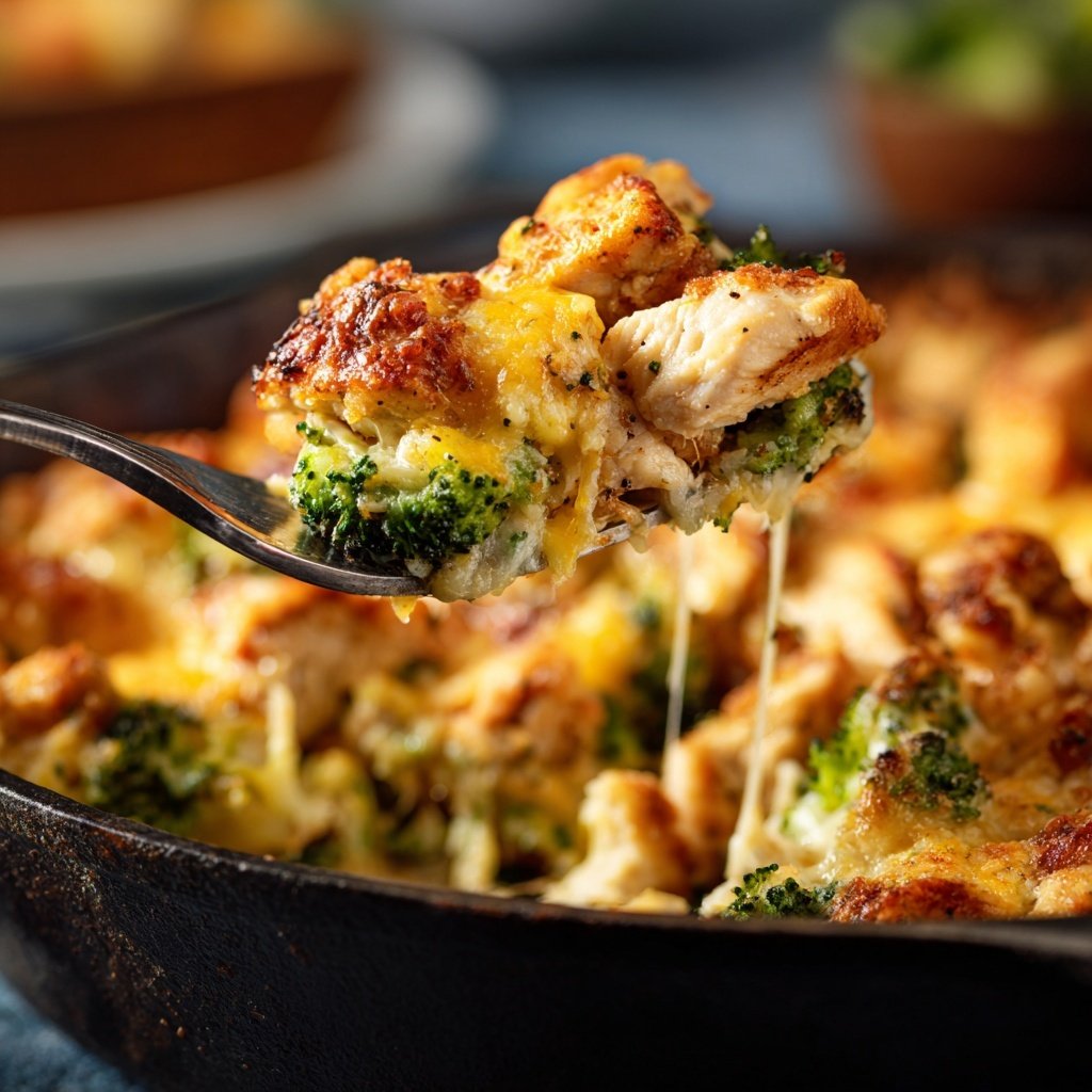 Cheesy broccoli chicken bake on fork bite