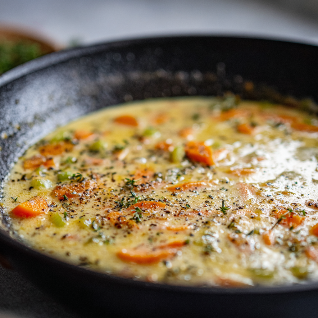 close-up of flour and dry seasonings stirred into the cooked vegetables in the black cast iron skillet, forming a thick roux paste.