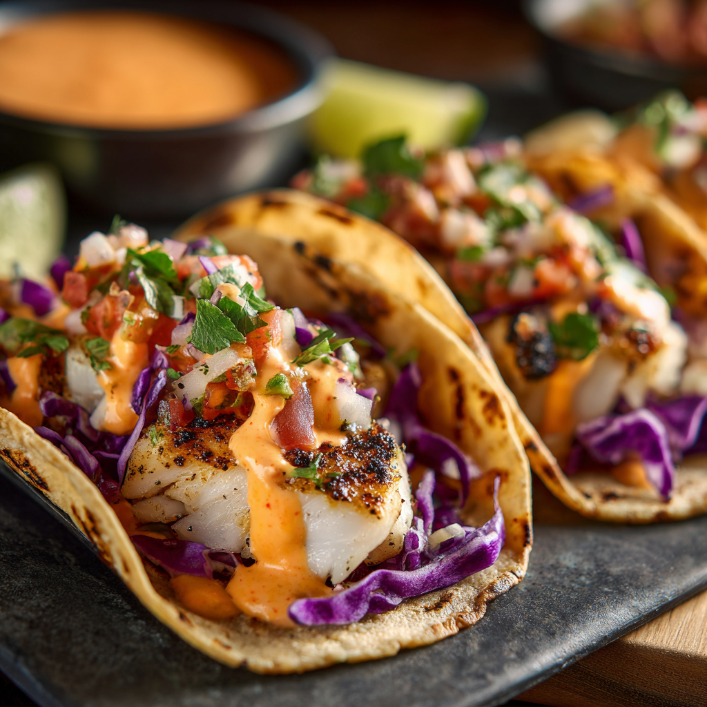 white fish taco with hot sauce drizzle