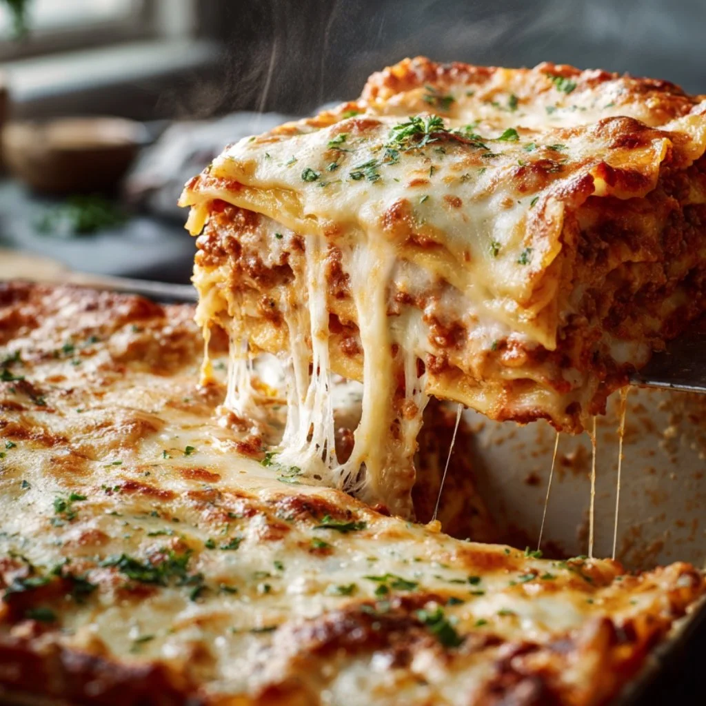 top-down view of the assembled lasagna in a 9x13 dish, showing the final layer of sauce and shredded mozzarella cheese