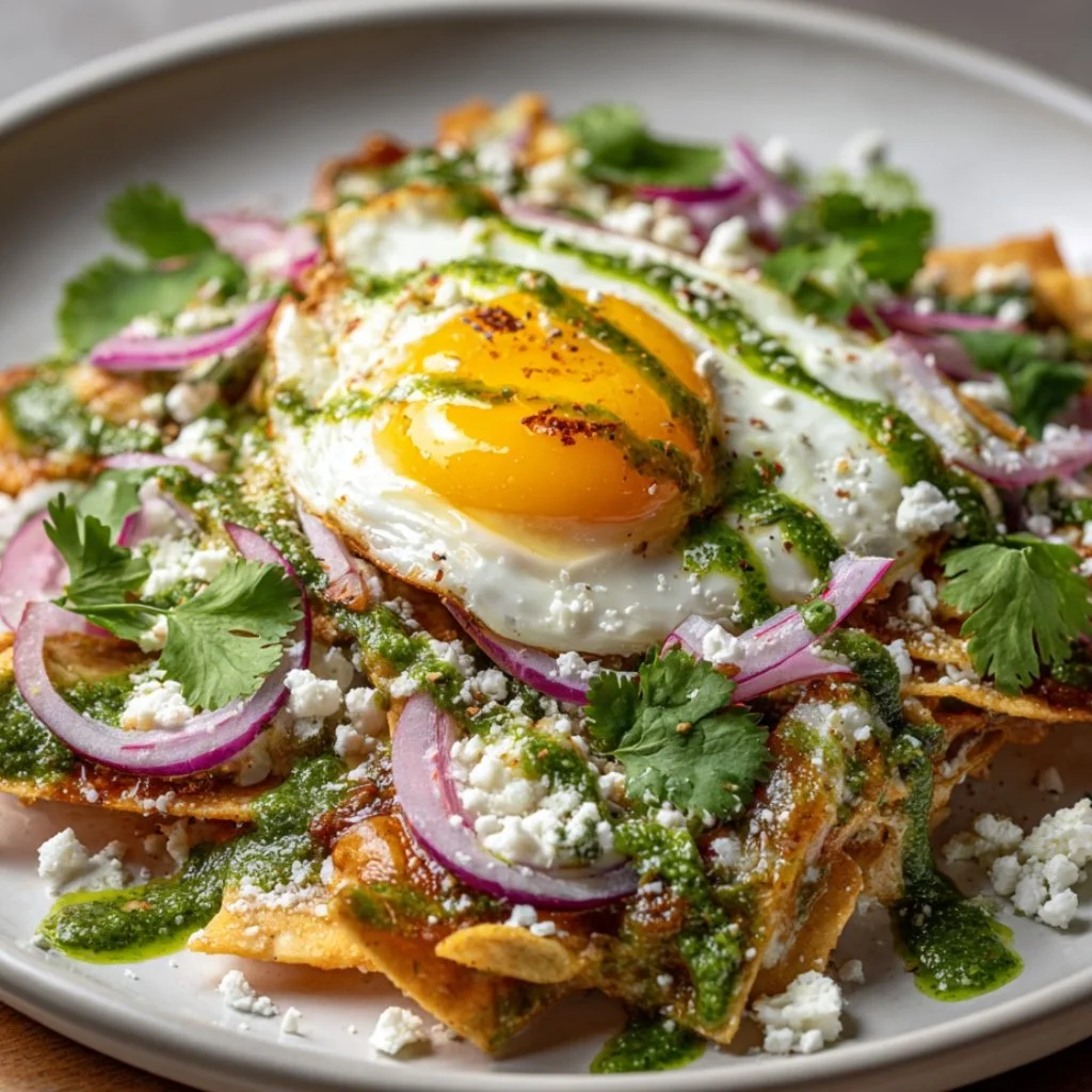 Close-up of the final chilaquiles dish with all toppings: cotija cheese, cream, cilantro, and a prominent drizzle of Zesty WesMarMi Verde sauce.