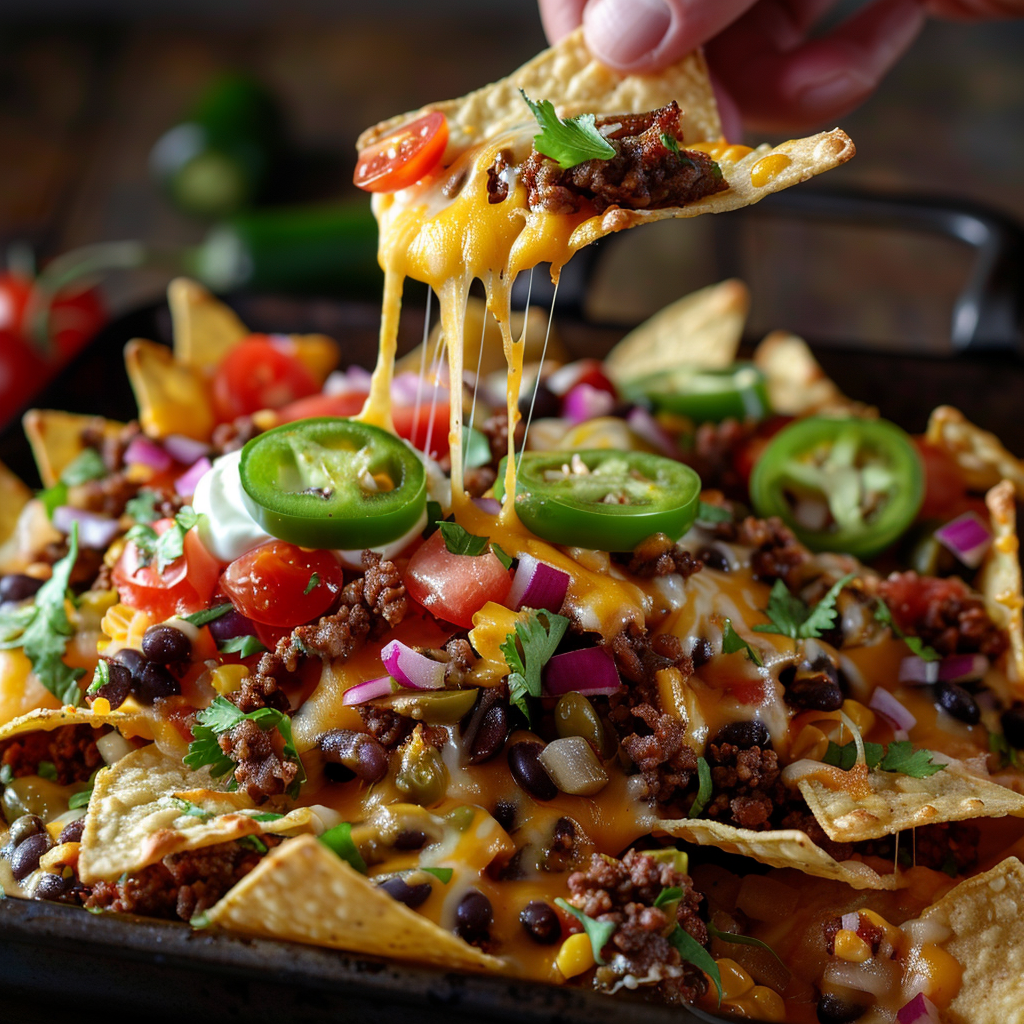 nacho supreme being eaten with cheese pull