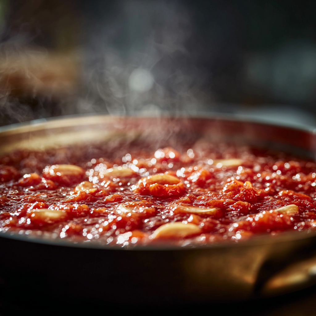 crushed tomatoes simmering gently in the skillet after adding spices