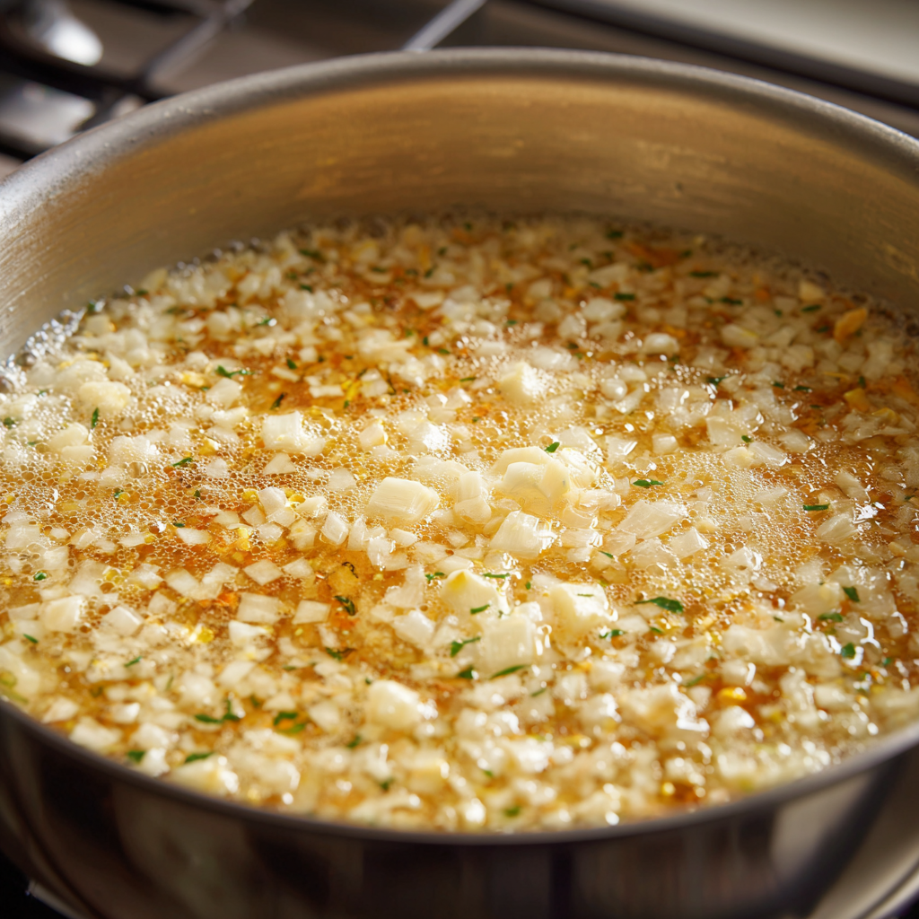onions, butter, and garlic in metal pot