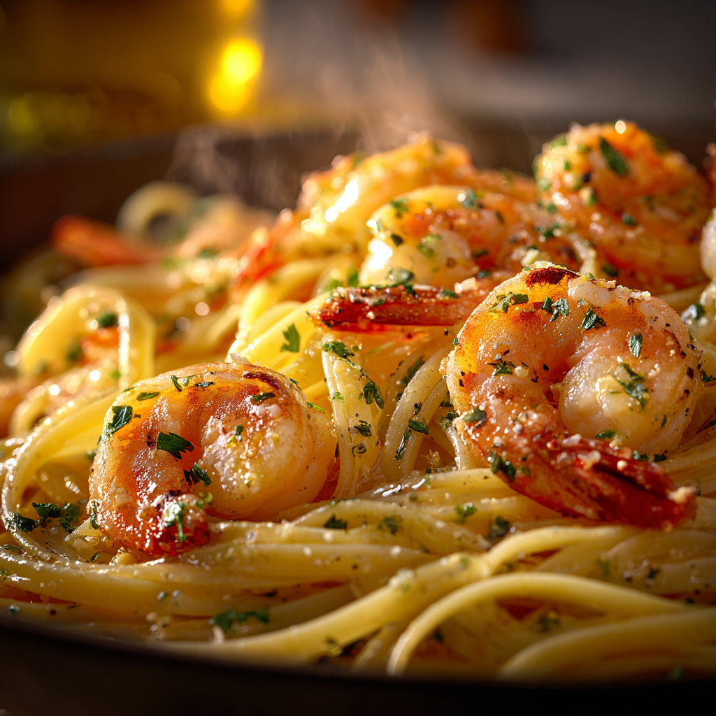 finished shrimp scampi tossed with linguine, shrimp, and parsley, coated in a glossy sauce