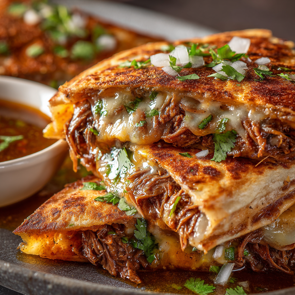 birria tacos stacked on a plate