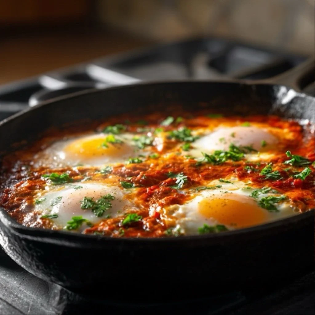 shakshuka Hero image finished and cooked in a black skillet on the stove top