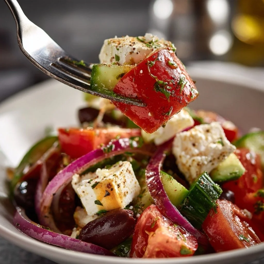 broken feta block served with vegetables