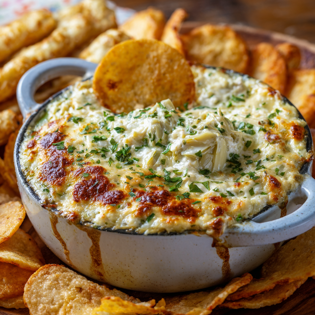 spinach artichoke dip with a chip in it