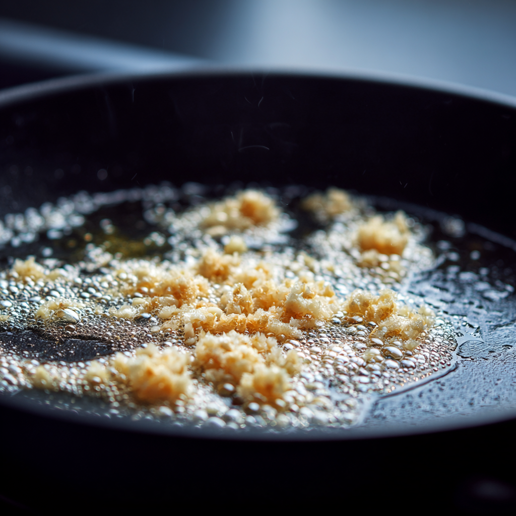 minced garlic and butter gently sautéing in a skillet, filling the pan with aroma