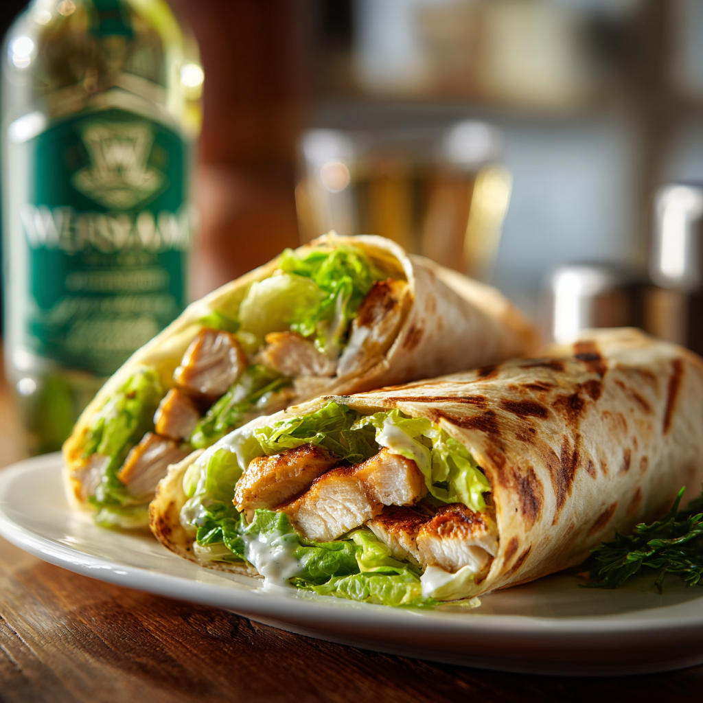 The final chicken Caesar wrap, sliced in half diagonally, showing the filling, with a bottle of WesMarMi Verde sauce in the background.
