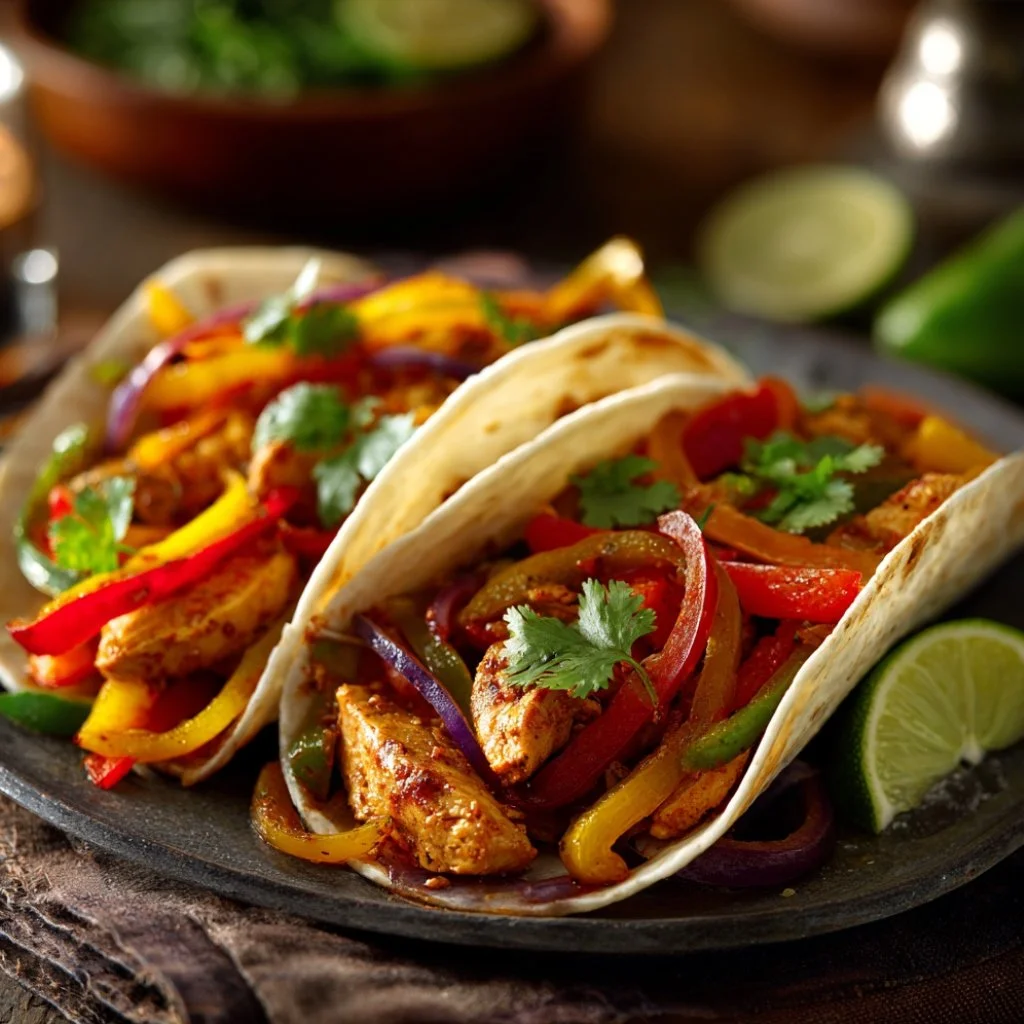 Completed zesty chicken fajitas on a plate, ready to eat.