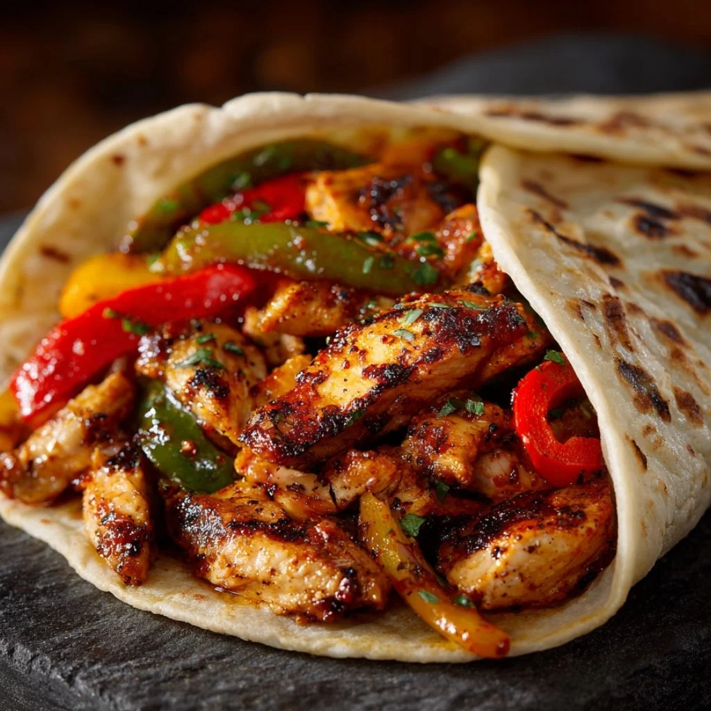 Completed zesty chicken fajitas on a plate, ready to eat.