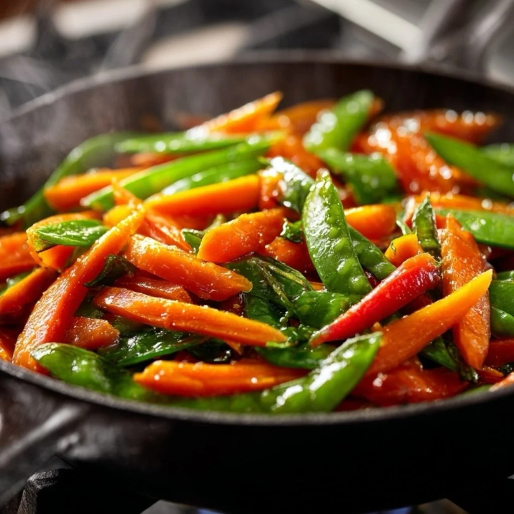 veggies cooking in black skillet