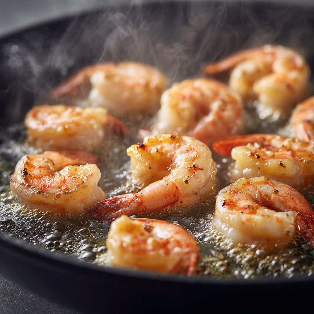 peeled and deveined shrimp searing until pink and opaque in a large skillet with butter and oil