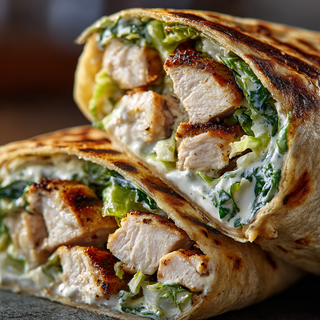 The completed Chicken Caesar Wrap, sliced diagonally to show the filling, staged with a bottle of WesMarMi Verde sauce.