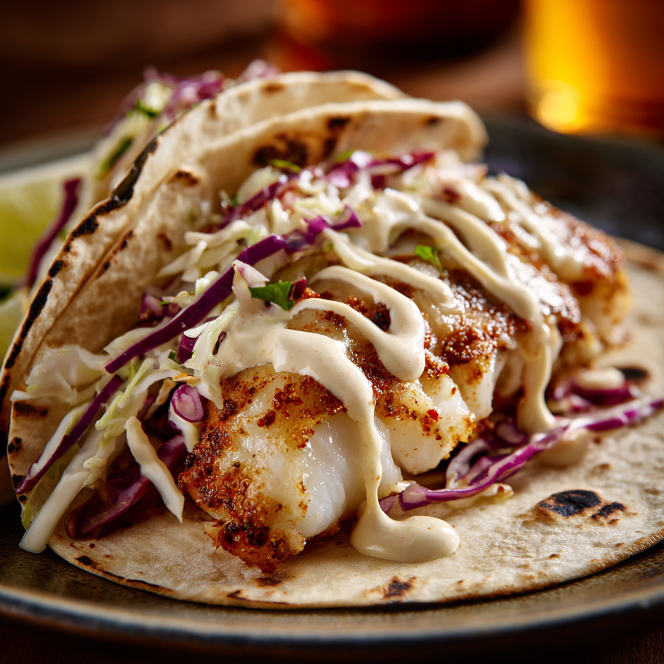 fish taco with sauce and red cabbage