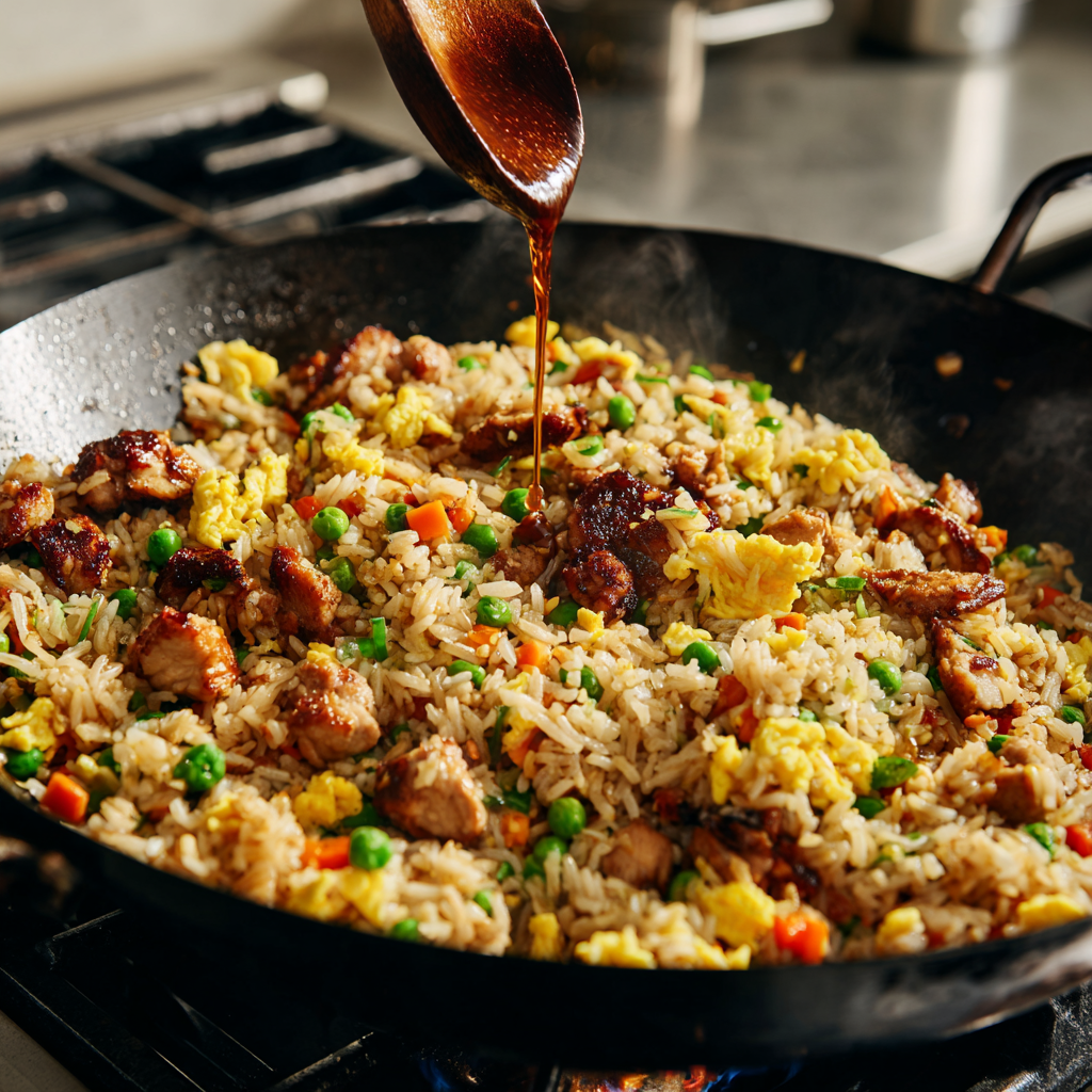 soy sauce being added to fried rice on wok