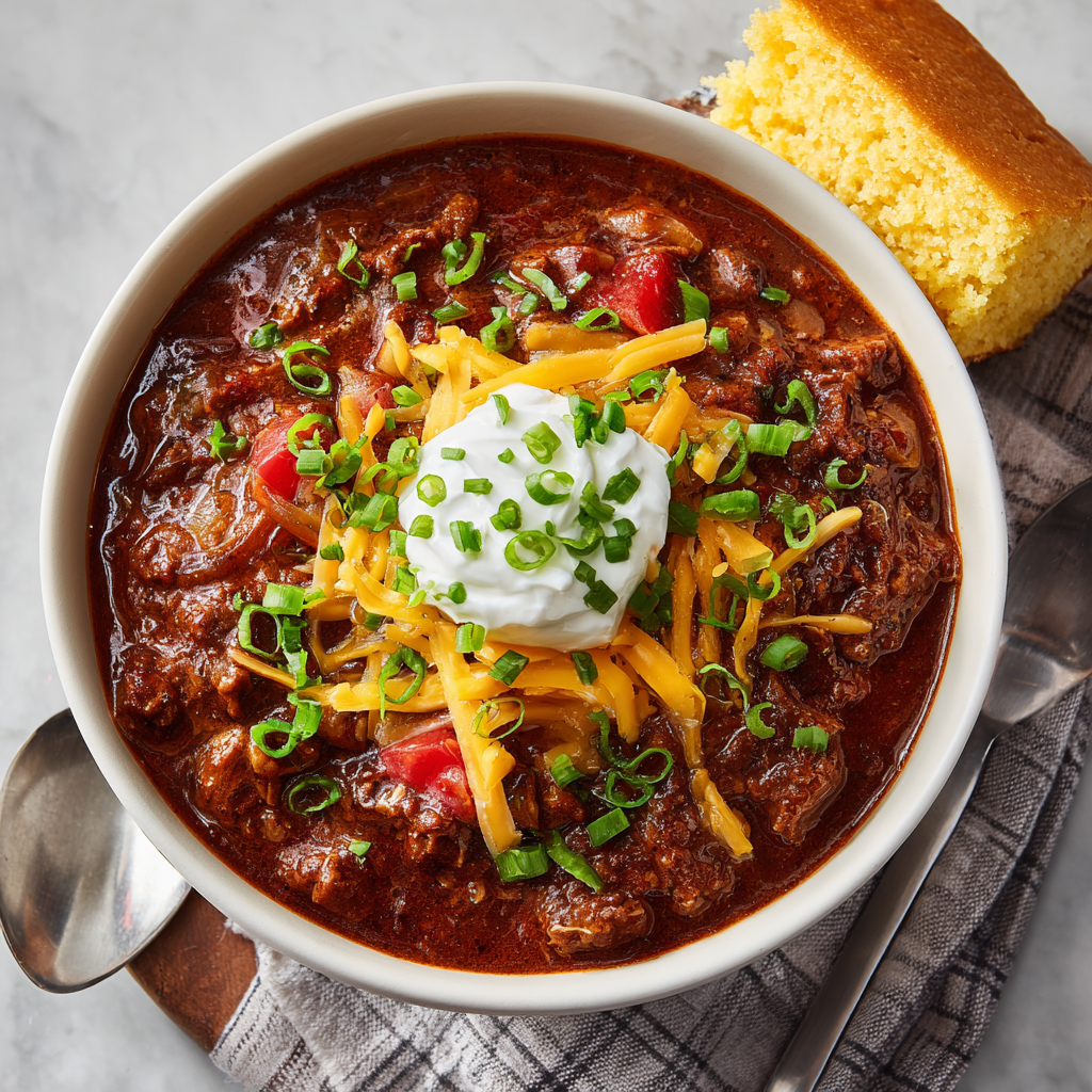 A view from above of a bowl of finished chili con carne, ready to eat, with popular toppings like shredded cheese and sour cream.