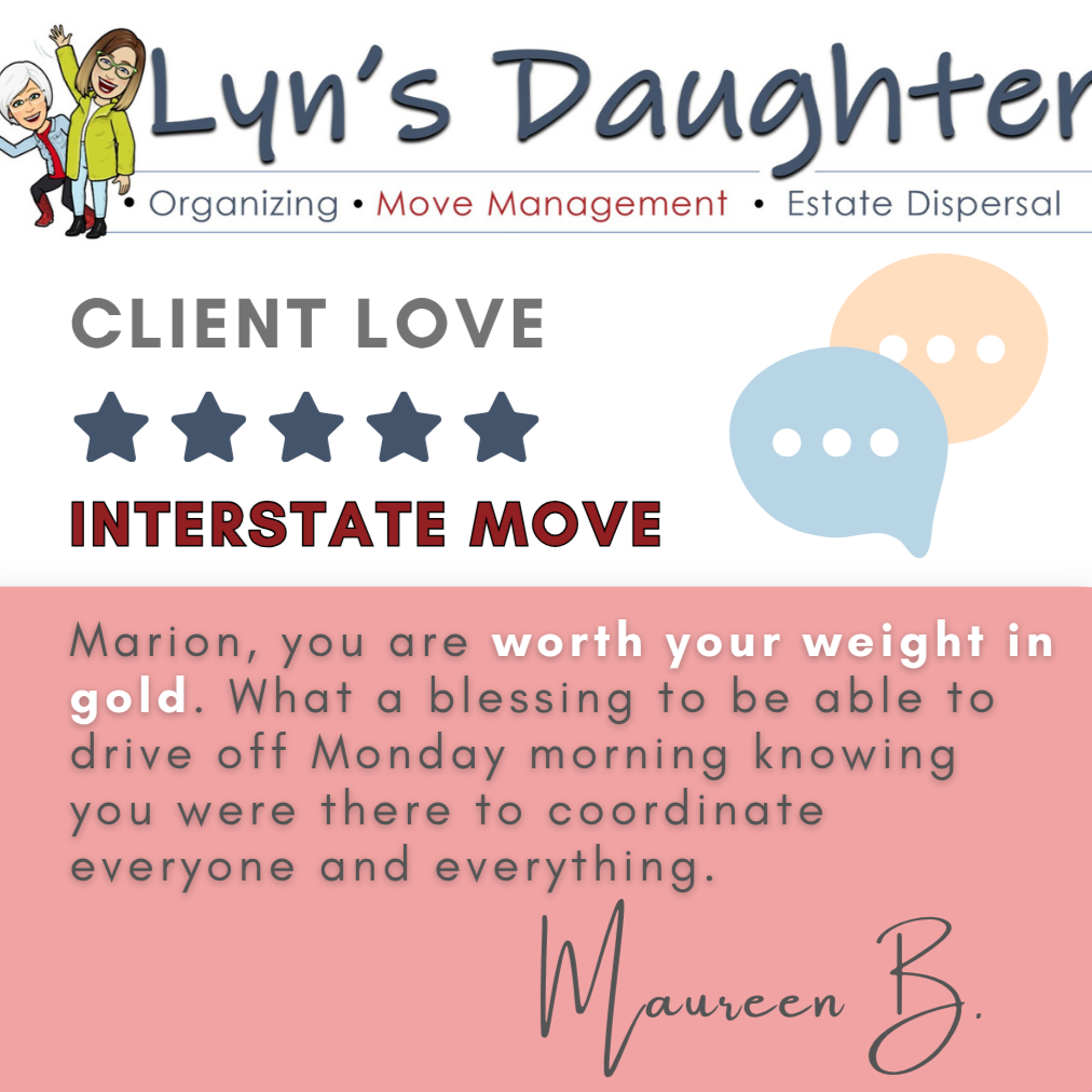 Certificate or testimonial from Lyn's Daughter organizing service, praising Marion with a five-star rating and positive message about her move management skills, with speech bubble graphics.