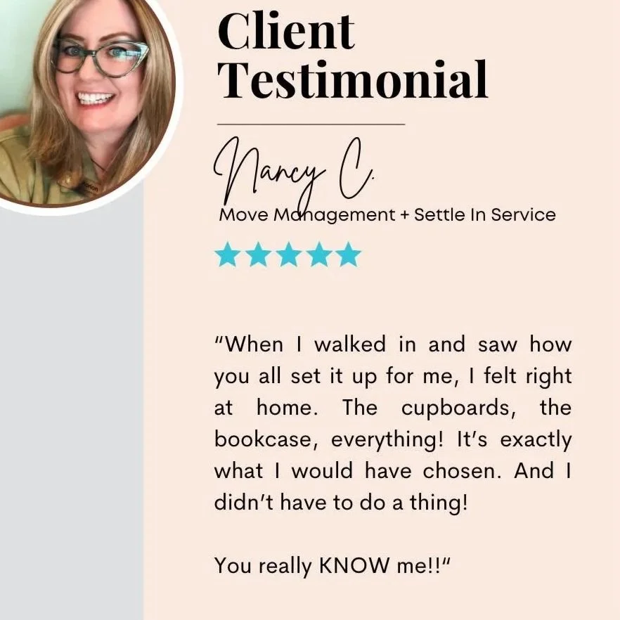 Testimonial graphic for Lyn's Daughter Senior Move Management with a smiling woman in glasses, customer review, five-star rating, and beige background.
