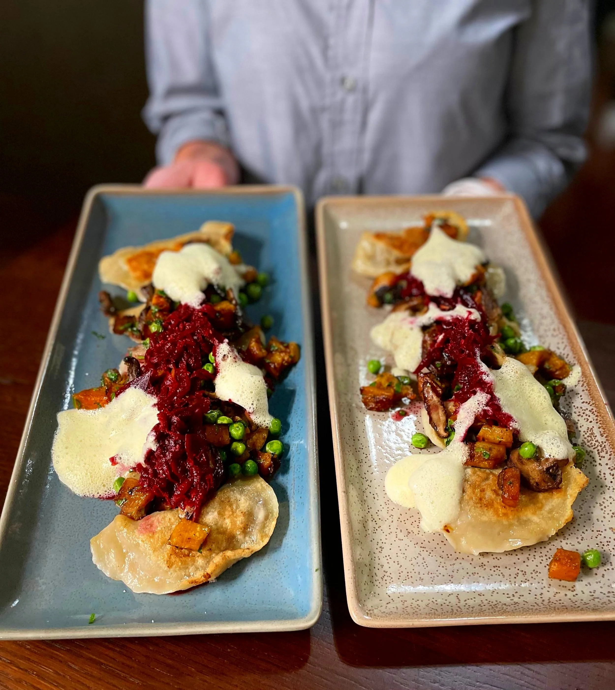 Short rib pierogi, butternut squash, peas, Gruyère emulsion