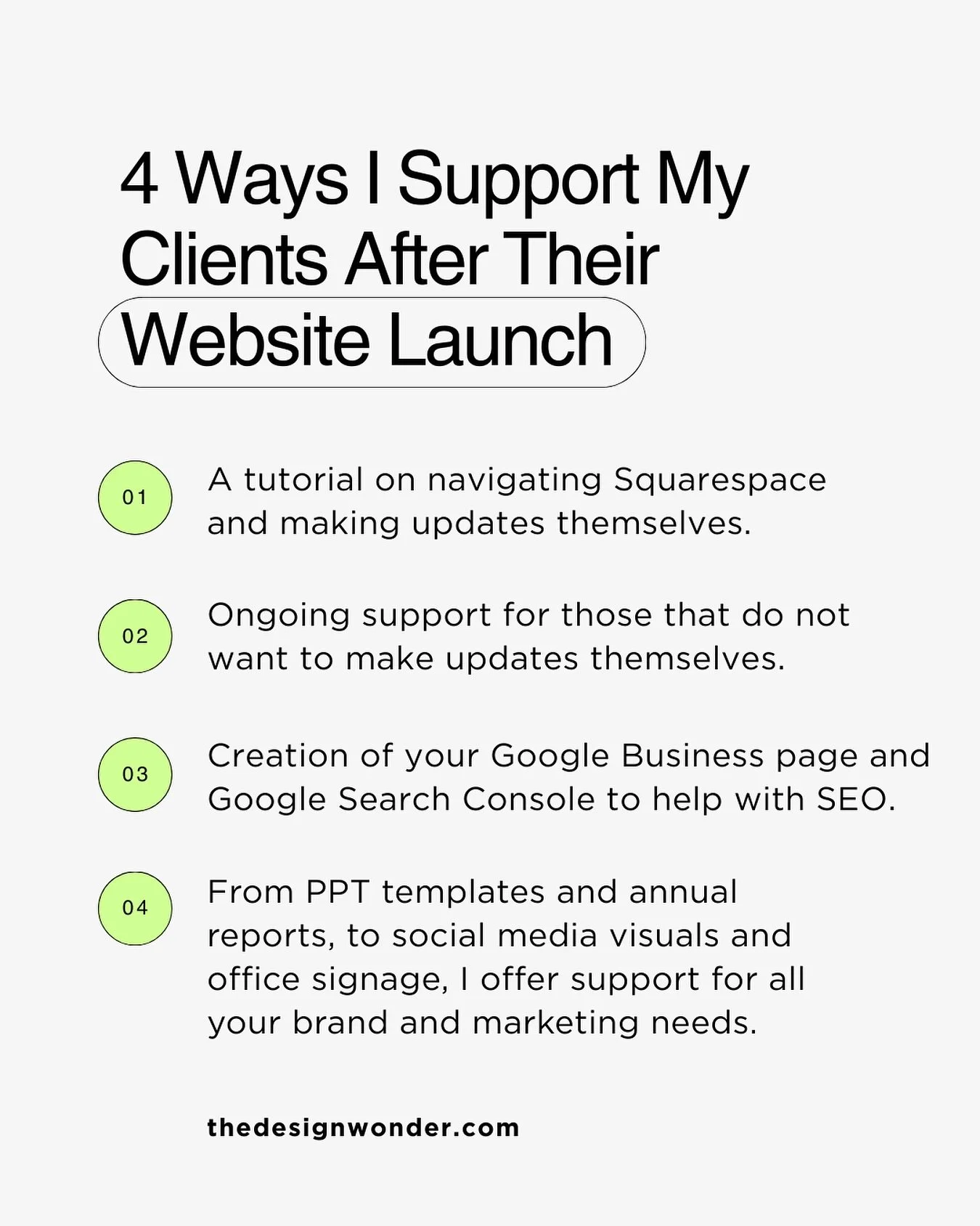Your website launch is just the start. 

When clients work with me, they&rsquo;re supported long after the site goes live. Launching your website is just the beginning of how your brand shows up, grows, and supports your goals over time.

Here&rsquo;